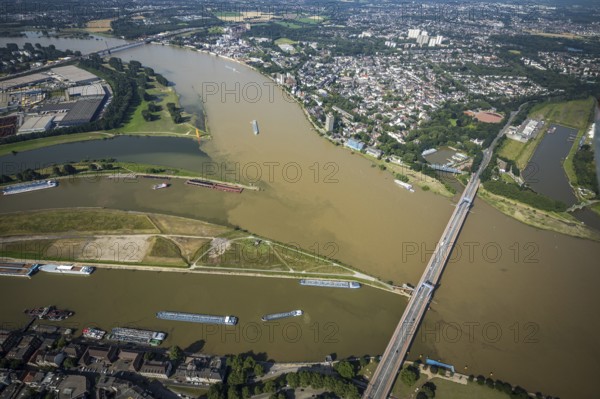 Aerial view, flood river Rhine, Ruhr estuary into the Rhine, Friedrich-Ebert-Bridge, Rhine orange sculpture, Ruhrort, Duisburg, Ruhr area, North Rhine-Westphalia, Germany, bridge, DE, Europe, flood, flood of the century, art, aerial view, aerial photography, aerial photography, water level Duisburg, Rhine flood, sight, heavy rain, overview, bird's-eye view, overview, flooding