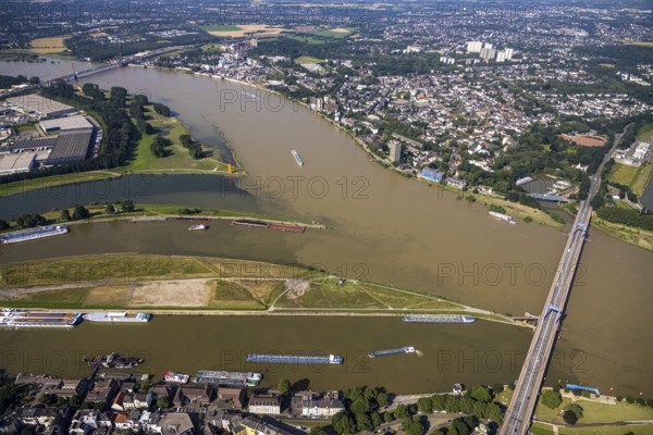 Aerial view, flood river Rhine, Ruhr estuary into the Rhine, Friedrich-Ebert-Bridge, Rhine orange sculpture, Ruhrort, Duisburg, Ruhr area, North Rhine-Westphalia, Germany, bridge, DE, Europe, flood, flood of the century, art, aerial view, aerial photography, aerial photography, water level Duisburg, Rhine flood, sight, heavy rain, overview, bird's-eye view, overview, flooding