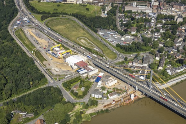 Aerial view, construction site at the A40 Rhine bridge Neuenkamp, river Rhine, Alt-Homberg, Duisburg, Ruhr area, North Rhine-Westphalia, Germany, DE, Europe, aerial view, aerial photography, aerial photography, overview, bird's-eye view, overview
