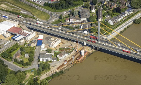 Aerial view, construction site at the A40 Rhine bridge Neuenkamp, river Rhine, Alt-Homberg, Duisburg, Ruhr area, North Rhine-Westphalia, Germany, DE, Europe, aerial view, aerial photography, aerial photography, overview, bird's-eye view, overview