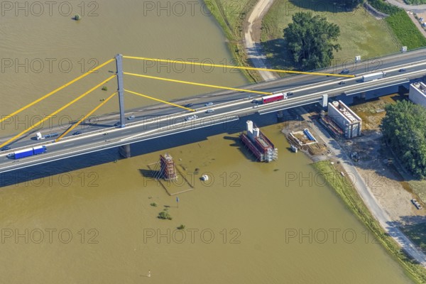Aerial view, construction site at the A40 Rhine bridge Neuenkamp, river Rhine, Alt-Homberg, Duisburg, Ruhr area, North Rhine-Westphalia, Germany, DE, Europe, aerial view, aerial photography, aerial photography, overview, bird's-eye view, overview