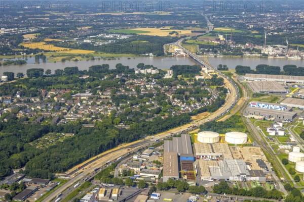 Aerial view, construction site at the A40 Rhine bridge Neuenkamp, Kaßlerfeld, Duisburg, Ruhr area, North Rhine-Westphalia, Germany, motorway A40, bridge, DE, Europe, aerial view, aerial photography, aerial photography, overview, bird's-eye view, overview