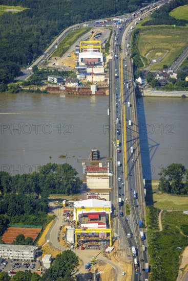 Aerial view, construction site at the A40 Rhine bridge Neuenkamp, river Rhine, Alt-Homberg, Duisburg, Ruhr area, North Rhine-Westphalia, Germany, DE, Europe, aerial view, aerial photography, aerial photography, overview, bird's-eye view, overview