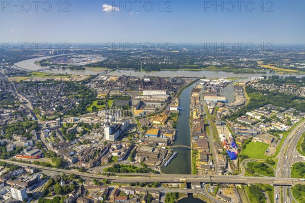 Aerial view, outer harbour and parallel harbour, river Rhine, Neuenkamp, Duisburg, Ruhr area, North Rhine-Westphalia, Germany, DE, Europe, harbour, aerial view, aerial photography, aerial photography, overview, bird's-eye view, birds-eyes view, overview