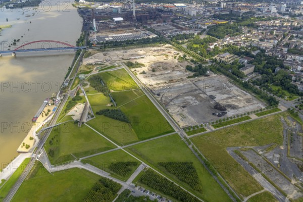 Aerial view, construction area Wörthstraße, new building quarter RHEINORT, Rheinpark Duisburg, Hochfeld, Duisburg, Ruhr area, North Rhine-Westphalia, Germany, construction work, construction area, building site, building plots, construction measure, construction project, construction site, DE, Europe, aerial view, aerial photography, aerial photography, overview, bird's-eye view, overview