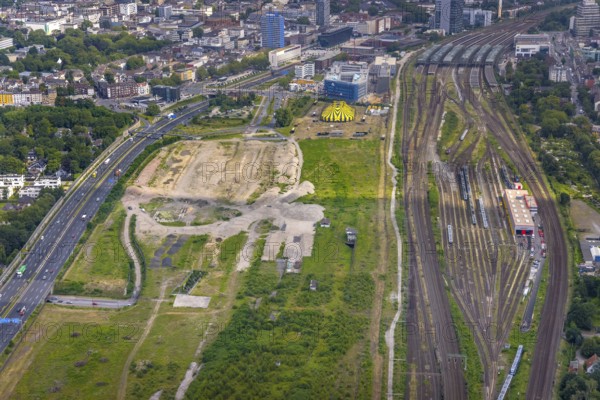 Aerial view, site Alter Güterbahnhof, Duisburger Freiheit, design name Duisburger Dünen, Dellviertel, Duisburg, Ruhr area, North Rhine-Westphalia, Germany, construction site, DE, development site, Europe, aerial view, aerial photography, aerial photography, overview, bird's-eye view, overview