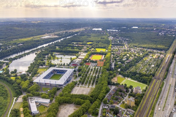 Aerial view, Sportpark Duisburg with Schauinsland-Reisen-Arena and sports school Wedau, regatta course, Margaretensee, Neudorf, Duisburg, Ruhr area, North Rhine-Westphalia, Germany, Arena, DE, Europe, football pitch, football stadium, aerial view, aerial photography, aerial photography, sports, sports facilities, sports field, sports facility, overview, bird's-eye view, birds-eyes view, overview