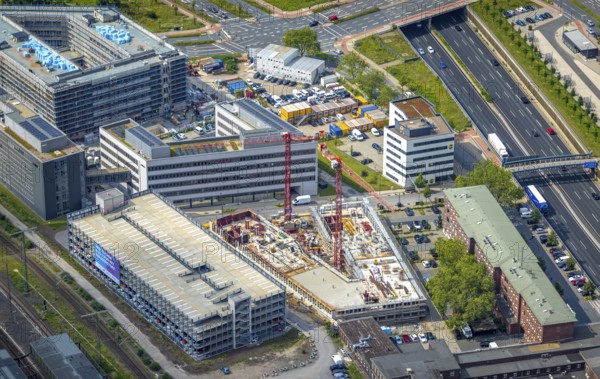 Aerial view, construction site Dellviertel, at Duisburg main station, Duisburg, Ruhr area, North Rhine-Westphalia, Germany, railway tracks, construction work, construction area, building site, building plots, construction project, construction site, DE, Europe, junction station, aerial view, aerial photography, aerial photography, overview, bird's-eye view, overview
