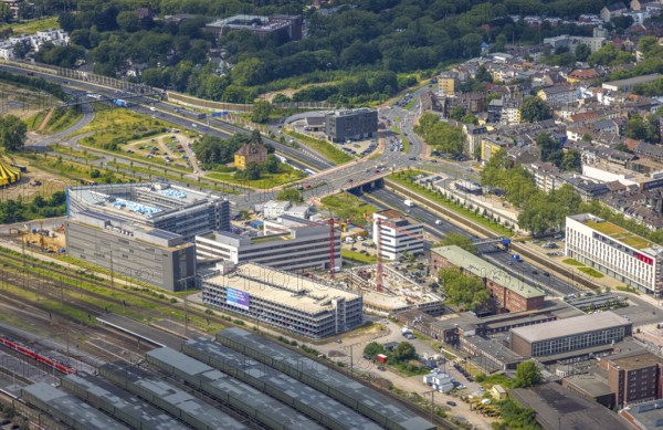 Aerial view, construction site Dellviertel, at Duisburg main station, Duisburg, Ruhr area, North Rhine-Westphalia, Germany, railway tracks, construction work, construction area, building site, building plots, construction project, construction site, DE, Europe, junction station, aerial view, aerial photography, aerial photography, overview, bird's-eye view, overview