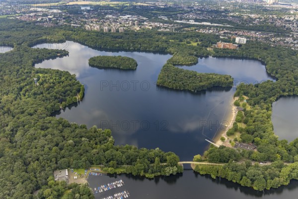 Aerial view, 6-Lakes-Platte, Wolfssee and Yellow Bridge, Wedau, Duisburg, Ruhr area, North Rhine-Westphalia, Germany, DE, Europe, aerial view, aerial photography, aerial photography, Sechs-Seen-Platte, lake, sight, overview, bird's-eye view, forest area, birds-eyes view, overview