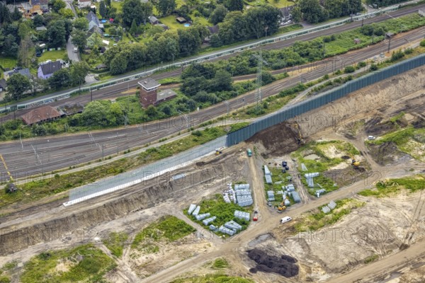 Aerial view, former marshalling yard Wedau, planned new Duisburg residential quarter, Wedau, Duisburg, Ruhr area, North Rhine-Westphalia, Germany, railway tracks, construction work, construction vehicles, construction area, construction site, construction project, construction site, DE, development, Europe, industrial plants, industrial area, industrial site, capacity requirements, aerial view, aerial photography, aerial photography, aerial photography, redevelopment, overview, bird's-eye view, birds-eyes view, derelict railway area, overview
