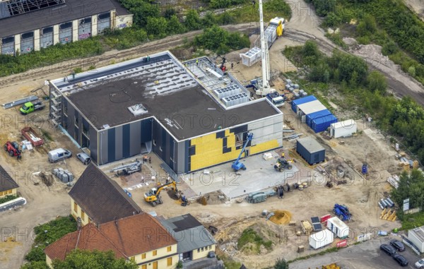 Aerial view, construction site at the repair works Wedau, Werkstättenstraße, Wedau, Duisburg, Ruhr area, North Rhine-Westphalia, Germany, construction work, construction area, building site, building plots, construction project, construction site, DE, railway workshop, Europe, aerial view, aerial photography, aerial photography, overview, bird's-eye view, overview
