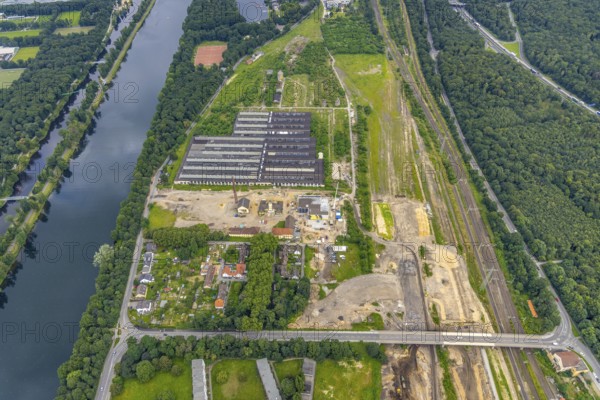 Aerial view, construction site at the repair works Wedau, Werkstättenstraße, Wedau, Duisburg, Ruhr area, North Rhine-Westphalia, Germany, construction work, construction area, building site, building plots, construction project, construction site, DE, railway workshop, Europe, aerial view, aerial photography, aerial photography, overview, bird's-eye view, overview