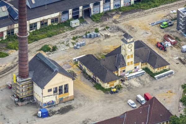 Aerial view, construction site at the repair works Wedau, Werkstättenstraße, Wedau, Duisburg, Ruhr area, North Rhine-Westphalia, Germany, construction work, construction area, building site, building plots, construction project, construction site, DE, railway workshop, Europe, aerial view, aerial photography, aerial photography, overview, bird's-eye view, overview