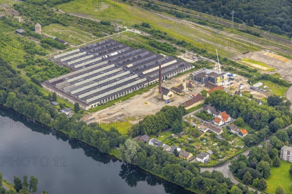 Aerial view, construction site at the repair works Wedau, Werkstättenstraße, Wedau, Duisburg, Ruhr area, North Rhine-Westphalia, Germany, construction work, construction area, building site, building plots, construction project, construction site, DE, railway workshop, Europe, aerial view, aerial photography, aerial photography, overview, bird's-eye view, overview