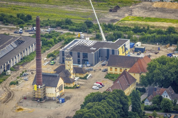 Aerial view, construction site at the repair works Wedau, Werkstättenstraße, Wedau, Duisburg, Ruhr area, North Rhine-Westphalia, Germany, construction work, construction area, building site, building plots, construction project, construction site, DE, railway workshop, Europe, aerial view, aerial photography, aerial photography, overview, bird's-eye view, overview