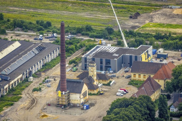 Aerial view, construction site at the repair works Wedau, Werkstättenstraße, Wedau, Duisburg, Ruhr area, North Rhine-Westphalia, Germany, construction work, construction area, building site, building plots, construction project, construction site, DE, railway workshop, Europe, aerial view, aerial photography, aerial photography, overview, bird's-eye view, overview