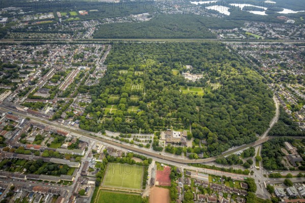 Aerial view, forest cemetery Duisburg, Wanheimerort, Duisburg, Ruhr area, North Rhine-Westphalia, Germany, burial site, DE, Europe, cemetery, memorial, God's acre, graves, burial ground, aerial photograph, aerial photography, aerial photography, resting place, overview, bird's-eye view, forest area, birds-eyes view, overview