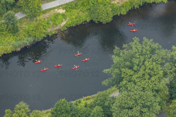 Aerial view, red kayaks at the regatta course, Neudorf, Duisburg, Ruhr area, North Rhine-Westphalia, Germany, DE, Europe, shapes and colours, leisure, leisure activities, leisure enjoyment, aerial view, aerial photography, aerial photography, sports, overview, bird's eye view, birds-eyes view, overview, paddling