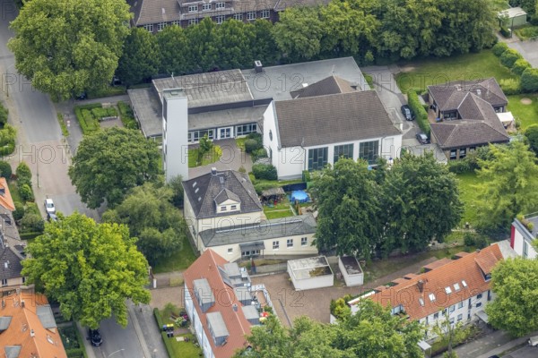 Aerial view, evang. Trinitatis Kirche am See, Wedau, Duisburg, Ruhr area, North Rhine-Westphalia, Germany, place of worship, DE, Europe, religious community, place of worship, holy place, church, parish, denomination, aerial view, aerial photography, aerial photography, religion, religious site, overview, bird's-eye view, overview