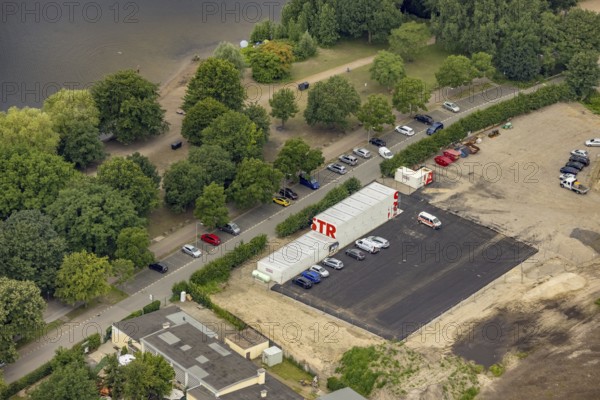 Aerial view, Strabag construction container at Lake Masuria, Wedau, Duisburg, Ruhr area, North Rhine-Westphalia, Germany, DE, Europe, aerial view, aerial photography, aerial photography, overview, bird's-eye view, overview