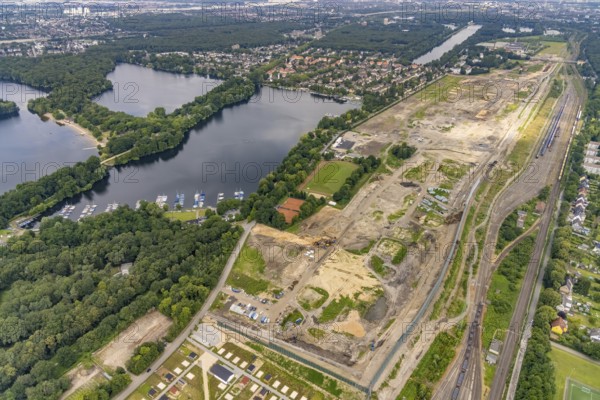 Aerial view, former marshalling yard Wedau, planned new Duisburg residential quarter, Wedau, Duisburg, Ruhr area, North Rhine-Westphalia, Germany, railway tracks, construction work, construction vehicles, construction area, construction site, construction project, construction site, DE, development, Europe, industrial plants, industrial area, industrial site, capacity requirements, aerial view, aerial photography, aerial photography, aerial photography, redevelopment, overview, bird's-eye view, birds-eyes view, derelict railway area, overview