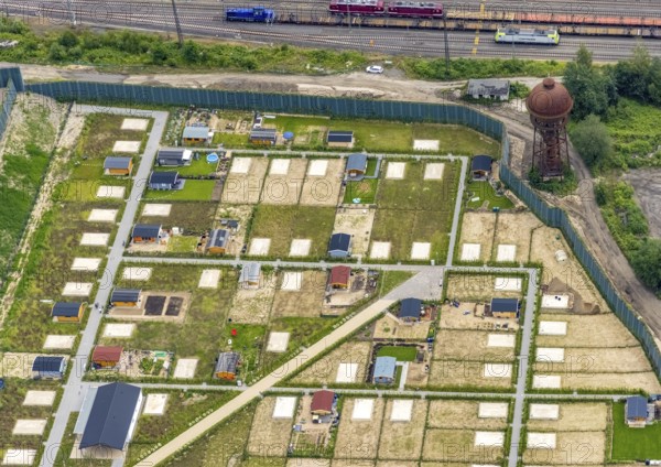 Aerial view, construction site and new railway allotment garden site at the former marshalling yard Wedau, Wedau, Duisburg, Ruhr area, North Rhine-Westphalia, Germany, DE, Europe, shapes and colours, community garden, allotment garden, allotment garden site, allotment garden association, aerial view, aerial photography, aerial photography, allotment garden, overview, bird's-eye view, overview