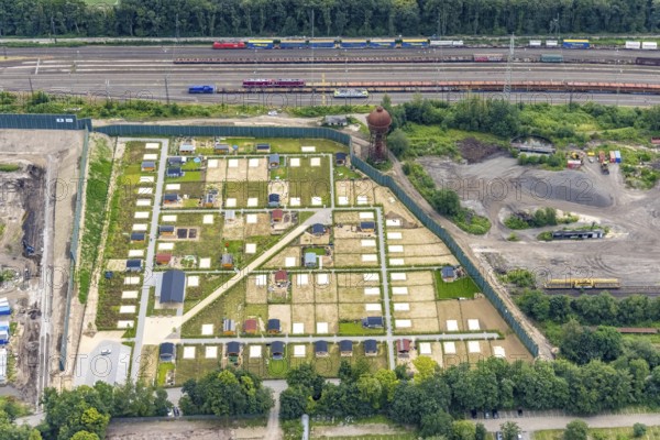 Aerial view, construction site and new railway allotment garden site at the former marshalling yard Wedau, Wedau, Duisburg, Ruhr area, North Rhine-Westphalia, Germany, DE, Europe, shapes and colours, community garden, allotment garden, allotment garden site, allotment garden association, aerial view, aerial photography, aerial photography, allotment garden, overview, bird's-eye view, overview