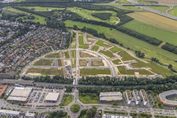 Aerial view, new development area Am Alten Angerbach, new housing estate Angerbogen, Düsseldorfer Landstraße, Huckingen, Duisburg, Ruhr area, North Rhine-Westphalia, Germany, construction work, construction area, building site, building plots, construction project, construction site, DE, Europe, aerial view, aerial photography, aerial photography, new building, overview, bird's-eye view, bird's-eye view, overview