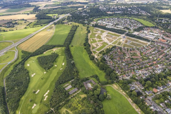 Aerial view, new development area Am Alten Angerbach, new housing estate Angerbogen, Düsseldorfer Landstraße, Huckingen, Duisburg, Ruhr area, North Rhine-Westphalia, Germany, construction work, construction area, building site, building plots, construction project, construction site, DE, Europe, aerial view, aerial photography, aerial photography, new building, overview, bird's-eye view, bird's-eye view, overview