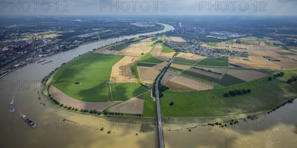 Aerial view, Krefeld-Uerdingen bridge, flood river Rhine, flooding Rhine floodplain Mündelheim, Rhine bend, Rhine floodplain Ehingen, Duisburg, Mündelheim, Ürdingen, Krefeld, Ruhr area, North Rhine-Westphalia, Germany, bridge, DE, Europe, flood, flood of the century, aerial view, aerial photography, aerial photography, water level Duisburg, Rhine flood, heavy rain, overview, bird's eye view, overview, flooding