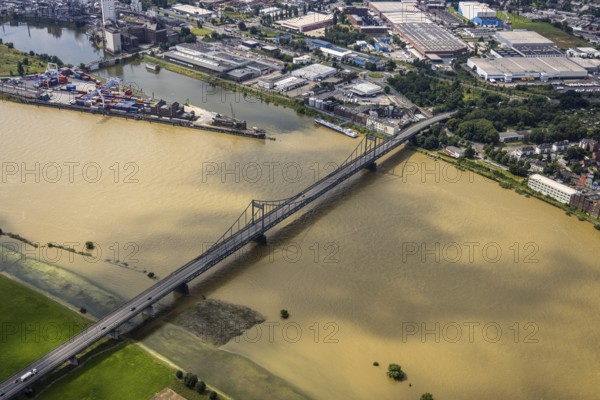 Aerial view, Krefeld-Uerdingen bridge, flood river Rhine, Ürdingen, Krefeld, Ruhr area, North Rhine-Westphalia, Germany, bridge, DE, Duisburg, Europe, flood, flood of the century, aerial view, aerial photography, aerial photography, aerial photography, water level Duisburg, Rhine flood, heavy rain, overview, bird's-eye view, overview, flooding
