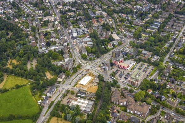 Aerial view, construction site and new building at the intersection of Sittardsberger Allee and Altenbrucher Damm, Sparkasse construction site, Buchholz, Duisburg, Ruhr area, North Rhine-Westphalia, Germany, construction work, construction area, construction site, building plots, construction project, construction site, DE, Europe, aerial view, aerial photography, aerial photography, new building, Sittardsberg, overview, bird's-eye view, bird's-eye view, overview