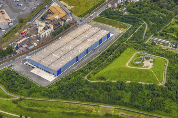 Aerial view, Tiger & Turtle - Magic Mountain and new logistics hall, Wanheim-Angerhausen, Duisburg, Ruhr area, North Rhine-Westphalia, Germany, Angerpark, DE, Europe, Heinrich-Hildebrand-Höhe, artwork, landmark, aerial view, aerial photography, aerial photography, sight, spiral sculpture, overview, bird's-eye view, overview