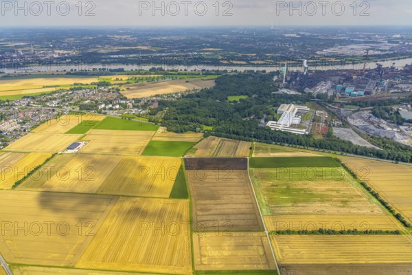 Aerial view, meadows and fields in Mündelheim, Duisburg, Ruhr area, North Rhine-Westphalia, Germany, DE, Europe, Lanxess Chemion plant, aerial view, aerial photography, aerial photography, mosaic form, overview, bird's eye view, meadows and fields, birds-eyes view, overview