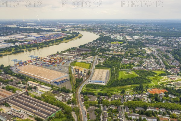 Aerial view, Tiger & Turtle - Magic Mountain and new logistics hall, Wanheim-Angerhausen, Duisburg, Ruhr area, North Rhine-Westphalia, Germany, Angerpark, DE, Europe, Heinrich-Hildebrand-Höhe, artwork, landmark, aerial view, aerial photography, aerial photography, sight, spiral sculpture, overview, bird's-eye view, overview