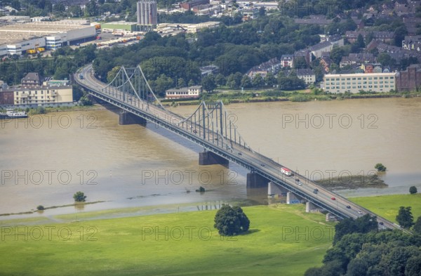 Aerial view, Krefeld-Uerdingen bridge, Duisburg, flood river Rhine, Ürdingen, Krefeld, Ruhr area, North Rhine-Westphalia, Germany, bridge, DE, Europe, flood, flood of the century, aerial view, aerial photography, aerial photography, aerial photography, water level Duisburg, Rhine flood, heavy rain, overview, bird's-eye view, overview, flooding
