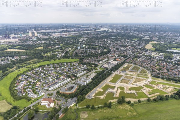 Aerial view, new development area Am Alten Angerbach, new housing estate Angerbogen, Düsseldorfer Landstraße, Huckingen, Duisburg, Ruhr area, North Rhine-Westphalia, Germany, construction work, construction area, building site, building plots, construction project, construction site, DE, Europe, aerial view, aerial photography, aerial photography, new building, overview, bird's-eye view, bird's-eye view, overview