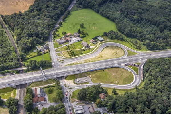 Aerial view, construction site bridge federal road B288 Krefelder Straße extension to motorway A524, Ungelsheim, Duisburg, Ruhr area, North Rhine-Westphalia, Germany, construction work, construction, construction area, building site, building plots, construction project, construction site, bridge, DE, Europe, aerial view, aerial photography, aerial photography, new construction, overview, bird's-eye view, bird's-eye view, overview