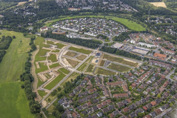 Aerial view, new development area Am Alten Angerbach, new housing estate Angerbogen, Düsseldorfer Landstraße, Huckingen, Duisburg, Ruhr area, North Rhine-Westphalia, Germany, construction work, construction area, building site, building plots, construction project, construction site, DE, Europe, aerial view, aerial photography, aerial photography, new building, overview, bird's-eye view, bird's-eye view, overview
