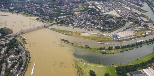 Aerial view, flood river Rhine, Ruhr estuary into the Rhine, Friedrich-Ebert-Bridge, Rhine orange sculpture, Ruhrort, Duisburg, Ruhr area, North Rhine-Westphalia, Germany, bridge, DE, Europe, flood, flood of the century, art, aerial view, aerial photography, aerial photography, water level Duisburg, Rhine flood, sight, heavy rain, overview, bird's-eye view, overview, flooding
