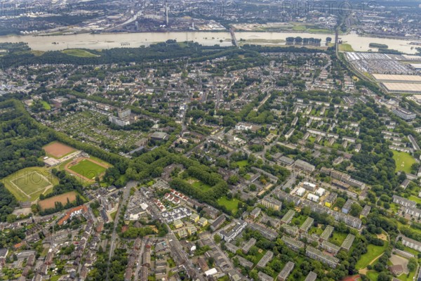 Aerial view, district Rheinhausen Hochemmerich, Volkspark Stadion, Duisburg, Ruhr area, North Rhine-Westphalia, Germany, DE, Europe, property tax, real estate, aerial view, aerial photography, aerial photography, sports field, overview, bird's-eye view, residential area, residential buildings, quality of living, birds-eyes view, overview
