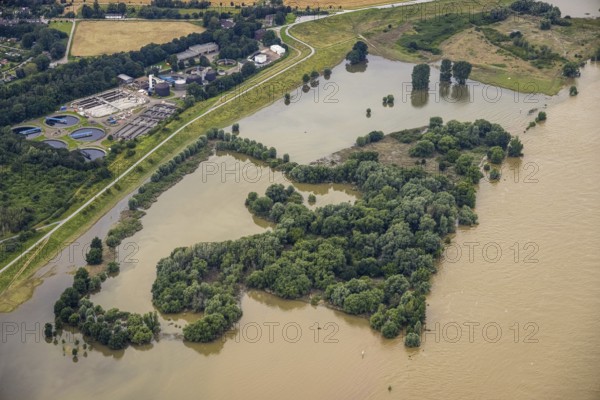Aerial view, flood river Rhine, flooding of the Rhine meadows Rheinhausen, Hochemmerich, Duisburg, Ruhr area, North Rhine-Westphalia, Germany