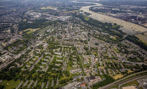 Aerial view, Rheinhausen and Hochemmerich district, floods and inundations Rheinwiesen Rheinhausen and NSG Werthauser Wardt on the river Rhine, Duisburg, Ruhr area, North Rhine-Westphalia, Germany, DE, Europe, Rockelsberg spoil tip, flood, aerial view, aerial photography, aerial photography, Rhine floods, overview, bird's-eye view, overview, inundation