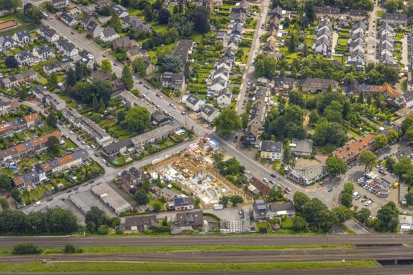 Aerial view, construction site and new building residential complex Sternstraße corner Sittardsberger Allee, Buchholz, Duisburg, Ruhr area, North Rhine-Westphalia, Germany, construction work, construction area, construction site, building plots, construction measure, construction project, construction site, DE, Europe, property tax, real estate, aerial view, aerial photography, aerial photography, new building, overview, bird's eye view, residential complex, living and living, residential area, residential buildings, quality of living, birds-eyes view, overview