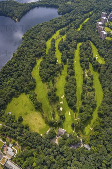 Aerial view, golf course Niederrheinischer Golfclub e.V. Duisburg, Großenbaum, Duisburg, Ruhr area, North Rhine-Westphalia, Germany, DE, Europe, golf, golf course, golf club, golf course, golf meadow, aerial photography, aerial photography, aerial photography, sports, overview, bird's-eye view, bird's-eye view, overview