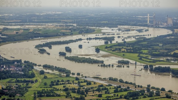 Aerial view, flood river Rhine, flooding floodplain Rhine Walsum, near STEAG power plant Voerde, Alt-Walsum, Duisburg, Ruhr area, North Rhine-Westphalia, Germany, DE, Europe, flood, flood of the century, landscape conservation area, aerial view, aerial photography, aerial photography, nature reserve, gauge Duisburg, Rhine flood, heavy rain, overview, bird's eye view, birds-eyes view, overview, flooding