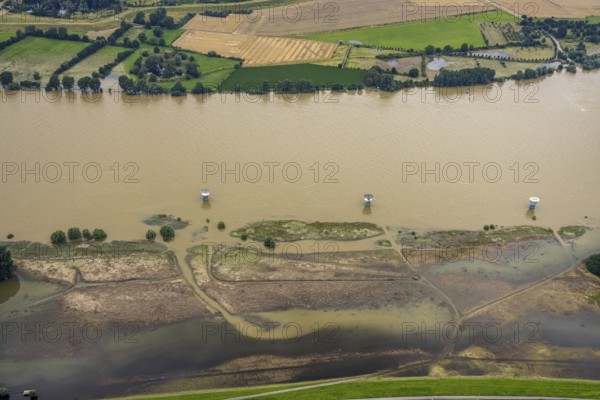Aerial view, flood river Rhine, flooding river bank area near Alsumer Berg, Beeckerwerth, Duisburg, Ruhr area, North Rhine-Westphalia, Germany, DE, Europe, flood, flood of the century, aerial view, aerial photography, aerial photography, water level Duisburg, Rhine flood, heavy rain, overview, bird's-eye view, overview, flooding