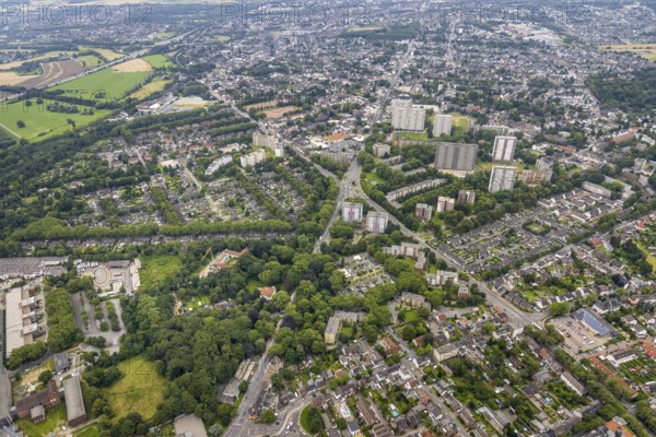 Aerial view, residential park Hochheide, Die Weißen Riesen, Hochheide, Duisburg, Ruhr area, North Rhine-Westphalia, Germany, DE, Europe, shapes and colours, large housing estate, property tax, high-rise buildings, real estate, aerial photography, aerial photography, aerial photography, apartment buildings, apartment buildings, Ottostraße, high-rise buildings, sight, overview, bird's-eye view, residential complex, living and life, residential area, residential buildings, residential park, housing estate, birds-eyes view, former Rheinpreußen-Siedlung, overview