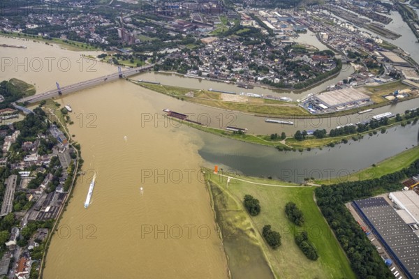 Aerial view, flood river Rhine, Ruhr estuary into the Rhine, Friedrich-Ebert-Bridge, Rhine orange sculpture, Ruhrort, Duisburg, Ruhr area, North Rhine-Westphalia, Germany, bridge, DE, Europe, flood, flood of the century, art, aerial view, aerial photography, aerial photography, water level Duisburg, Rhine flood, sight, heavy rain, overview, bird's-eye view, overview, flooding